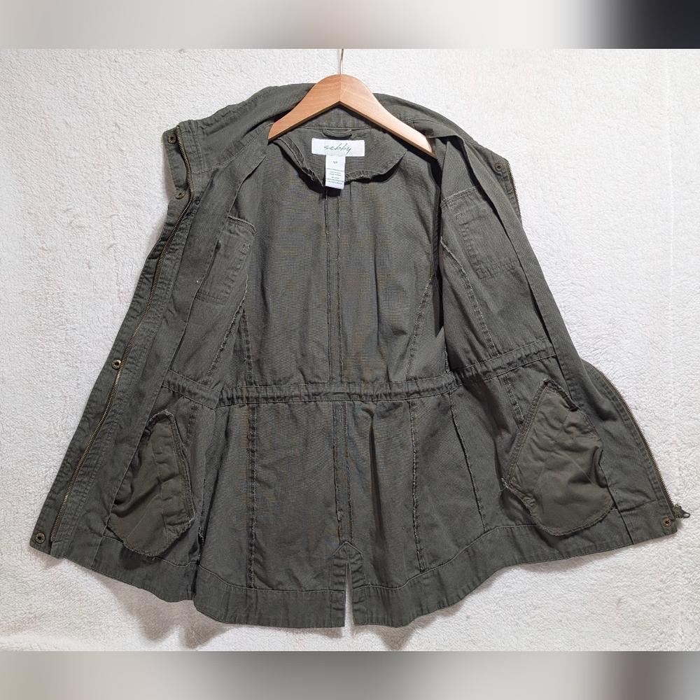 Sebby Women's Small Olive Green 100% Cotton Utility Cinch Vest Jacket - Picture 3 of 5